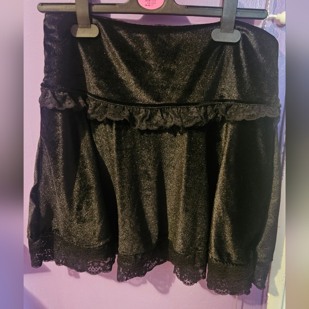Black Velvet Skirt with Lace Trim
